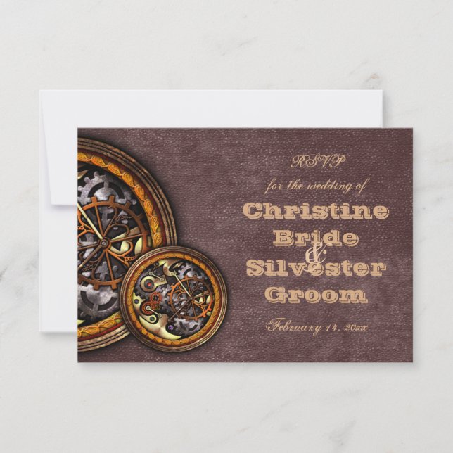 Clockwork and Leather, wedding rsvp Invitation (Front)