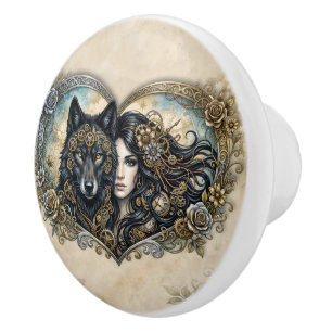 Clockwork Hearts The Eternal Bond of Wolf and Soul Ceramic Knob