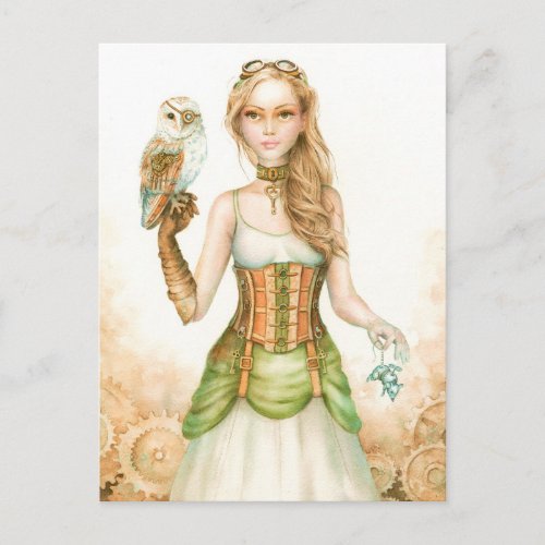 Clockwork rustic steampunk girl and owl postcard