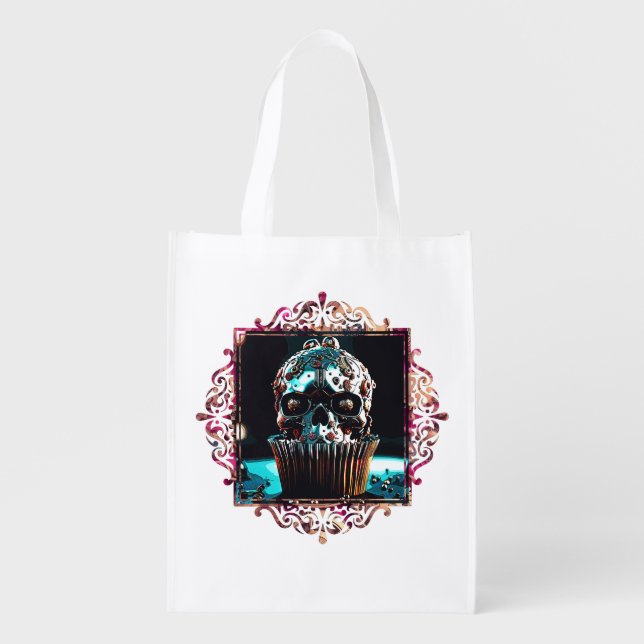 Clockwork Skull Cupcake Grocery Bag (Front)