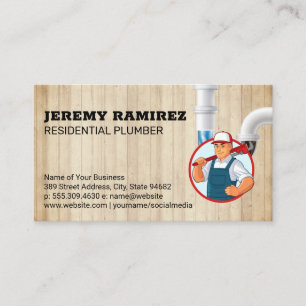 Clogged Pipe   Plumber with Wrench Business Card