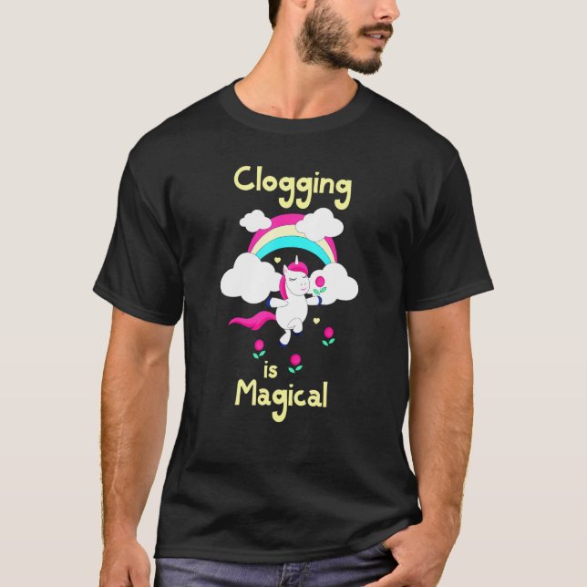 Clogging Is Magical Dancing Unicorn Yellow Text T-Shirt (Front)