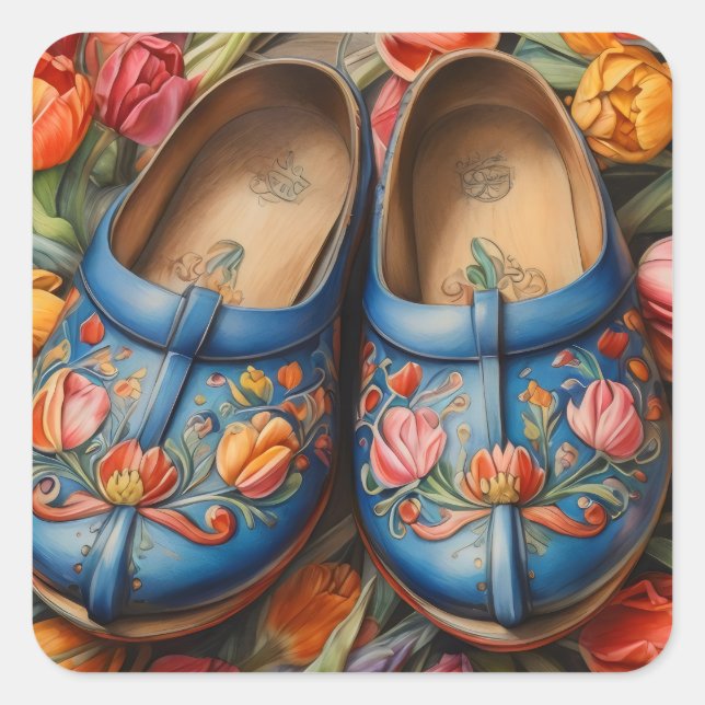 Clogs with Tulip background Square Sticker (Front)