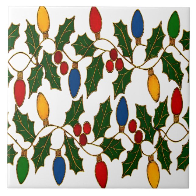 Cloisonne Art Christmas Lights and Holly Ceramic Tile (Front)