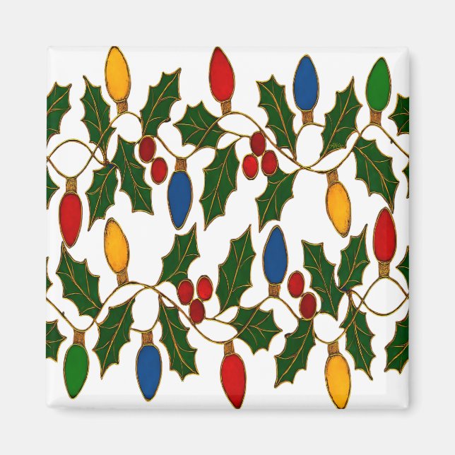 Cloisonne Art Christmas Lights and Holly Magnet (Front)
