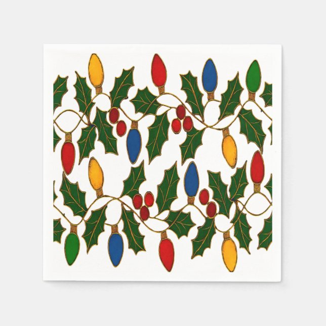 Cloisonne Art Christmas Lights and Holly Napkins (Front)