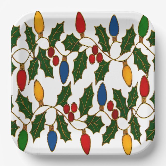 Cloisonne Art Christmas Lights and Holly Paper Plates (Front)