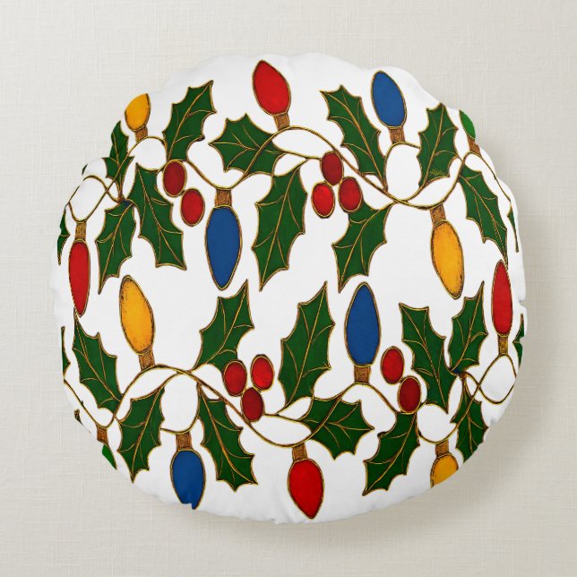 Cloisonne Art Christmas Lights and Holly Round Pillow (Front)