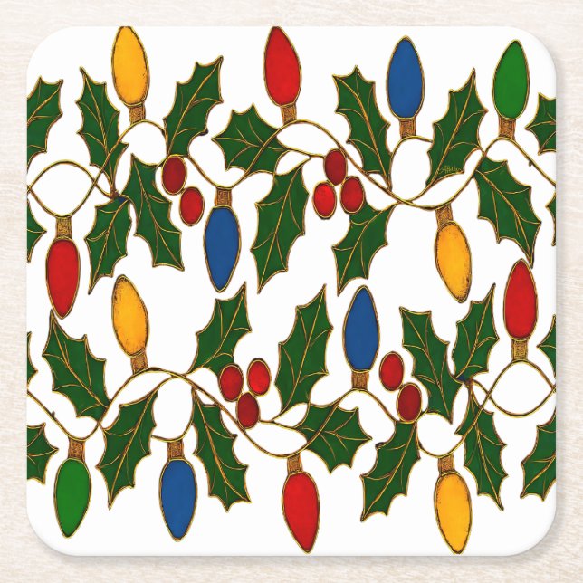 Cloisonne Art Christmas Lights and Holly Square Paper Coaster (Front)