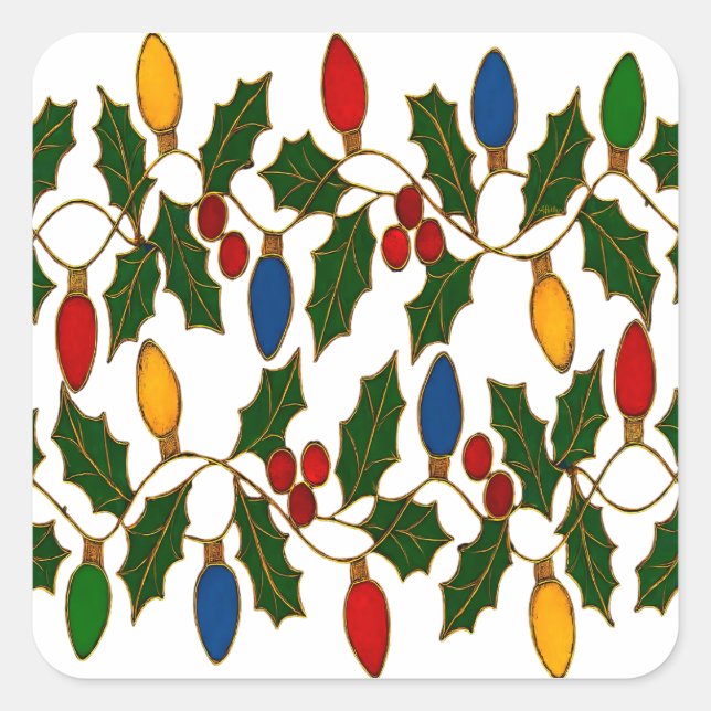 Cloisonne Art Christmas Lights and Holly Square Sticker (Front)