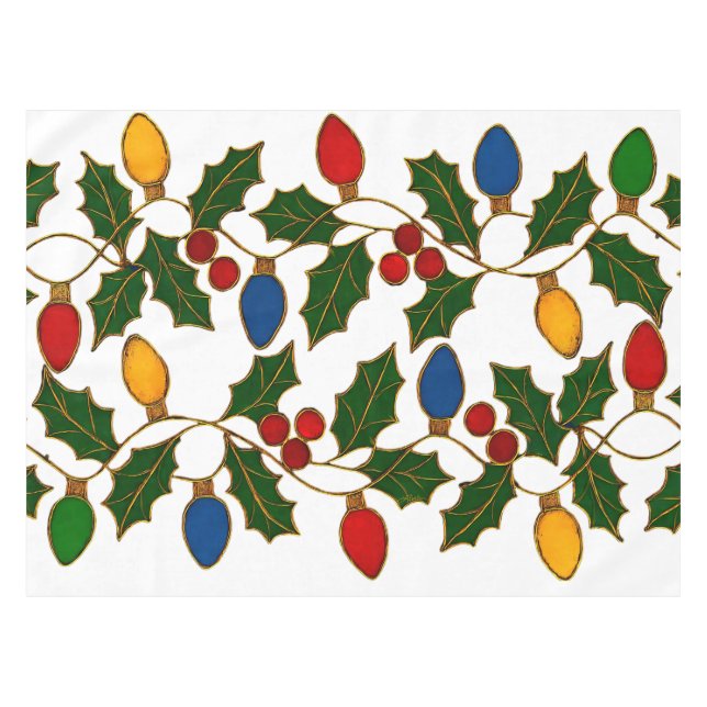 Cloisonne Art Christmas Lights and Holly Tablecloth (Front (Horizontal))