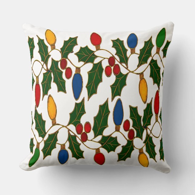 Cloisonne Art Christmas Lights and Holly Throw Pillow (Front)