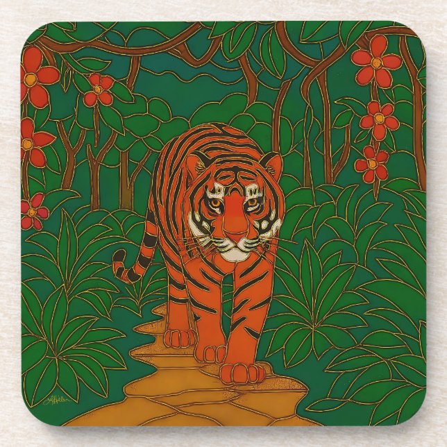 Cloisonne Art Tiger on the Jungle Path Beverage Coaster (Front)
