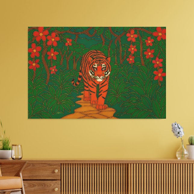 Cloisonne Art Tiger on the Jungle Path Canvas Print (Insitu(LivingRoom))