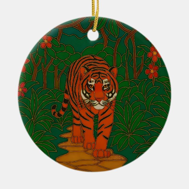 Cloisonne Art Tiger on the Jungle Path Ceramic Ornament (Front)