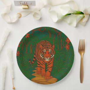 Cloisonne Art Tiger on the Jungle Path Paper Plates