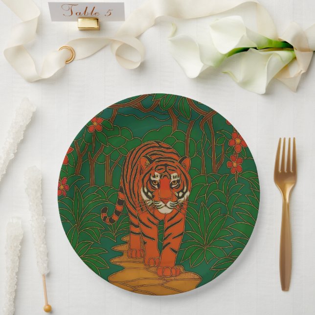 Cloisonne Art Tiger on the Jungle Path Paper Plates (Wedding)