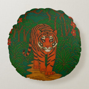 Cloisonne Art Tiger on the Jungle Path Round Pillow