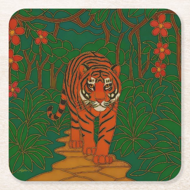 Cloisonne Art Tiger on the Jungle Path Square Paper Coaster (Front)
