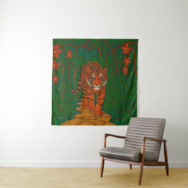Cloisonne Art Tiger on the Jungle Path Tapestry (In Situ)