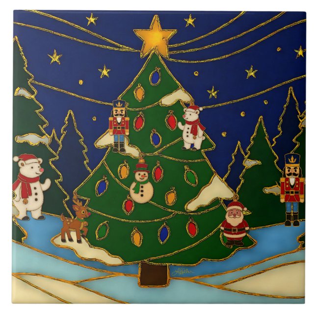 Cloisonne Art Whimsical Forest Classic Christmas  Ceramic Tile (Front)