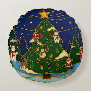 Cloisonne Art Whimsical Forest Classic Christmas Round Pillow