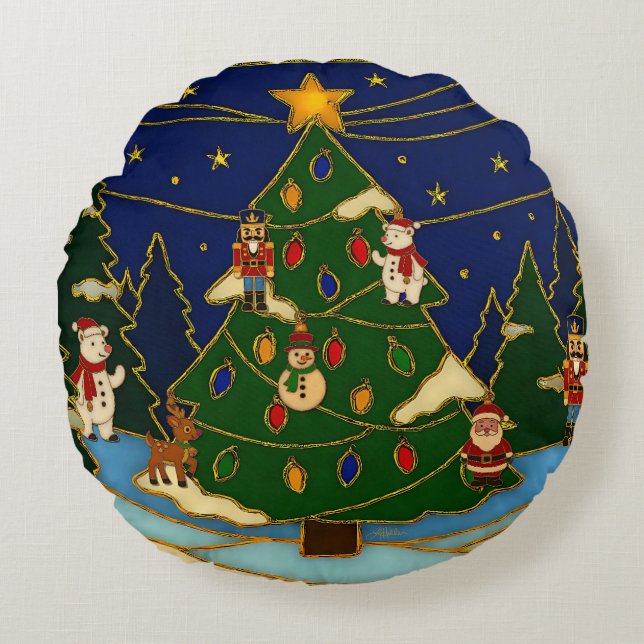Cloisonne Art Whimsical Forest Classic Christmas  Round Pillow (Front)