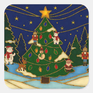 Cloisonne Art Whimsical Forest Classic Christmas Square Sticker