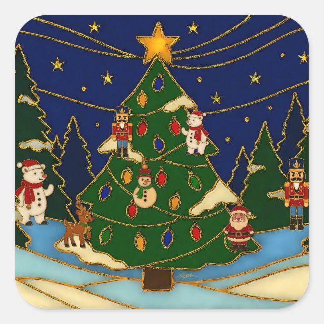 Cloisonne Art Whimsical Forest Classic Christmas  Square Sticker (Front)