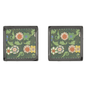Cloisonne China Patter Asian Oriental Gunmetal Finish Cufflinks