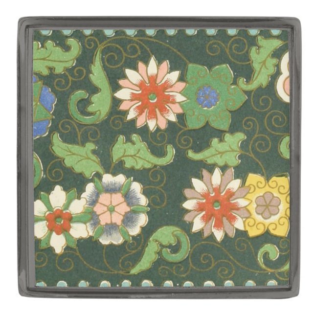 Cloisonne China Patter Asian Oriental Gunmetal Finish Lapel Pin (Front)