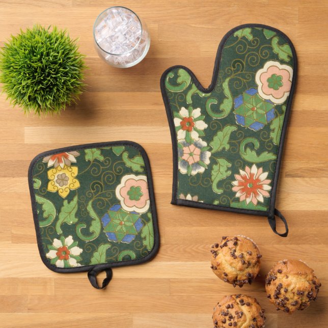 Cloisonne China Patter Asian Oriental Oven Mitt & Pot Holder Set (Top Down)