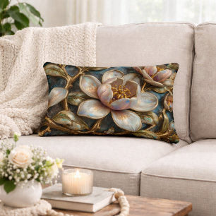 Cloisonné Magnolia Floral Blue Gold Quatrefoil  Accent Pillow