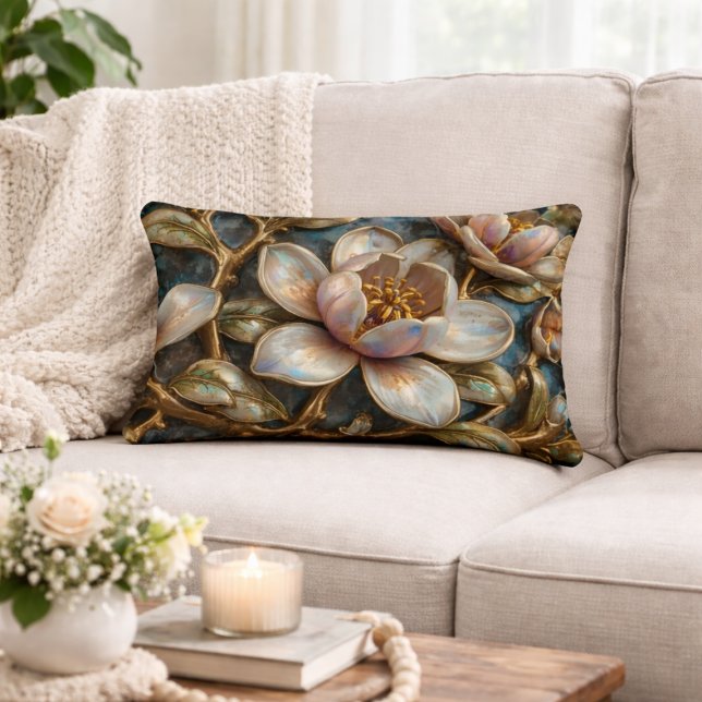 Cloisonné Magnolia Floral Blue Gold Quatrefoil  Accent Pillow (Creator Uploaded)