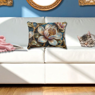 Cloisonné Magnolia Floral Blue Gold Quatrefoil Accent Pillow