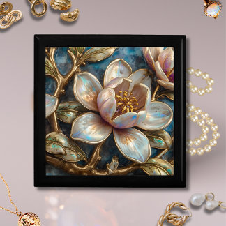 Cloisonné Magnolia Floral Iridescent Blue Gold Gift Box