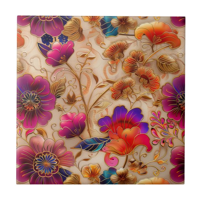 Cloisonne pink cream floral pattern tile (Front)