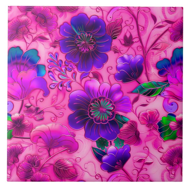 Cloisonne pink purple floral pattern tile (Front)