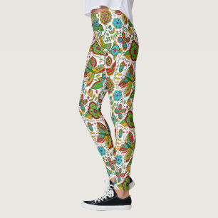Clorful birds & flowers retro pattern leggings