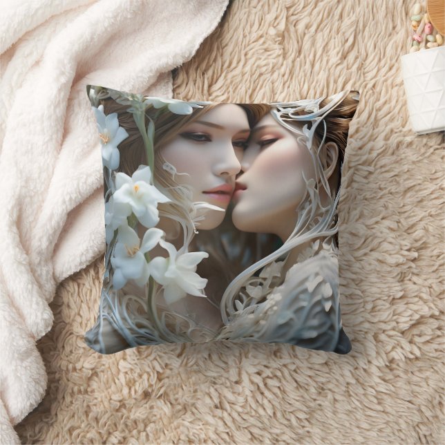 Close Embrace of Two Women Among Flowers Throw Pillow (Blanket)