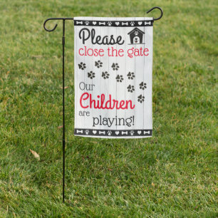 Close the Gate Dog Children Playing Garden Flag