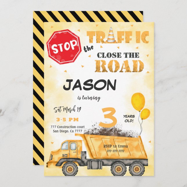 Close the Road Construction Birthday Invitation (Front/Back)