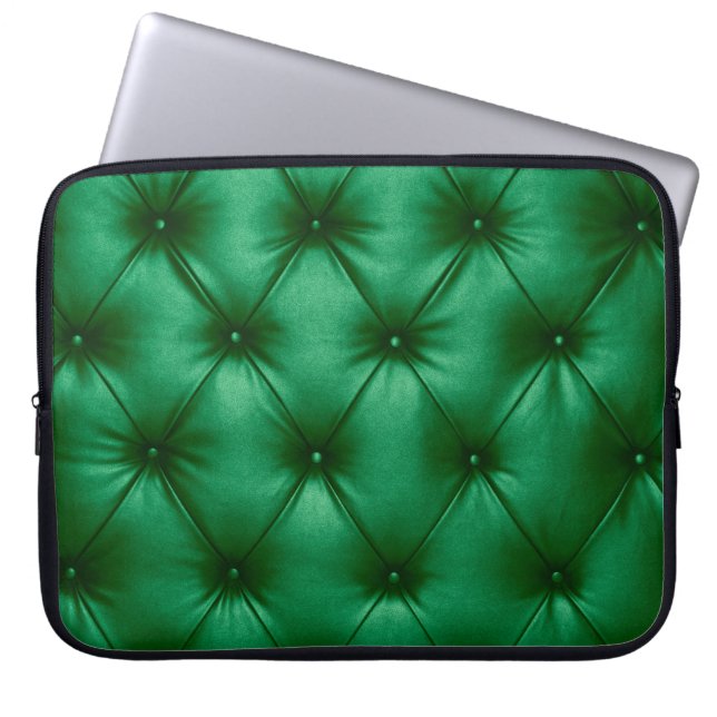 Close up background texture of dark green capitone laptop sleeve (Front)