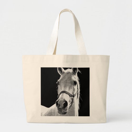 Close_up Black White Horse in Night Large Tote Bag