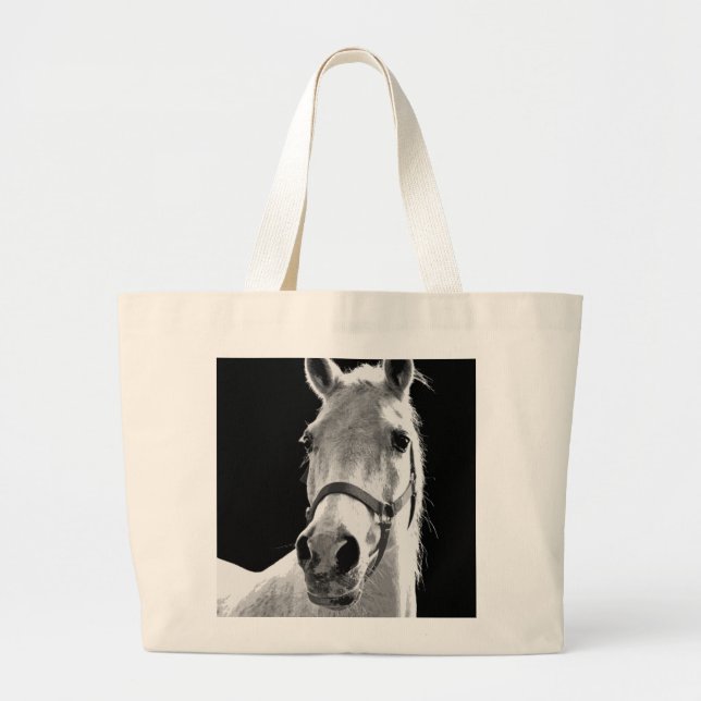 Close-up Black White Horse in Night Large Tote Bag (Front)