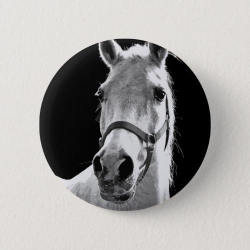 Close_up Black White Horse in Night Pinback Button