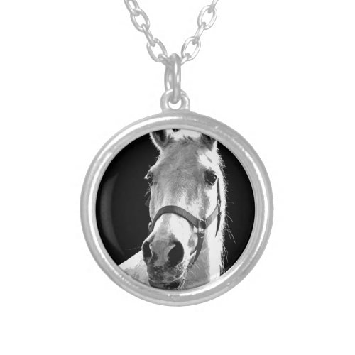 Close_up Black White Horse in Night Silver Plated Necklace