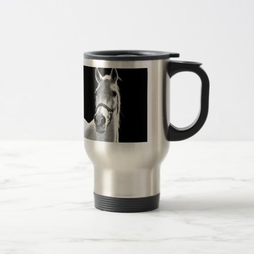 Close_up Black White Horse in Night Travel Mug