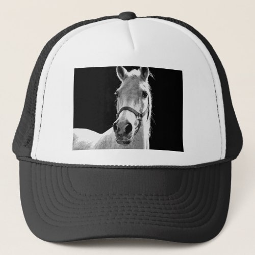 Close_up Black White Horse in Night Trucker Hat