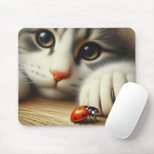Close-up Cat With a Ladybug Mouse Pad (With Mouse)